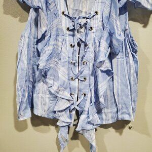 Show Me Your Mumu Women's Striped Treasure Lace Up Blouse Top Blue Size Large